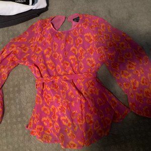 Scoop bright colored blouse- XS- with belted sash